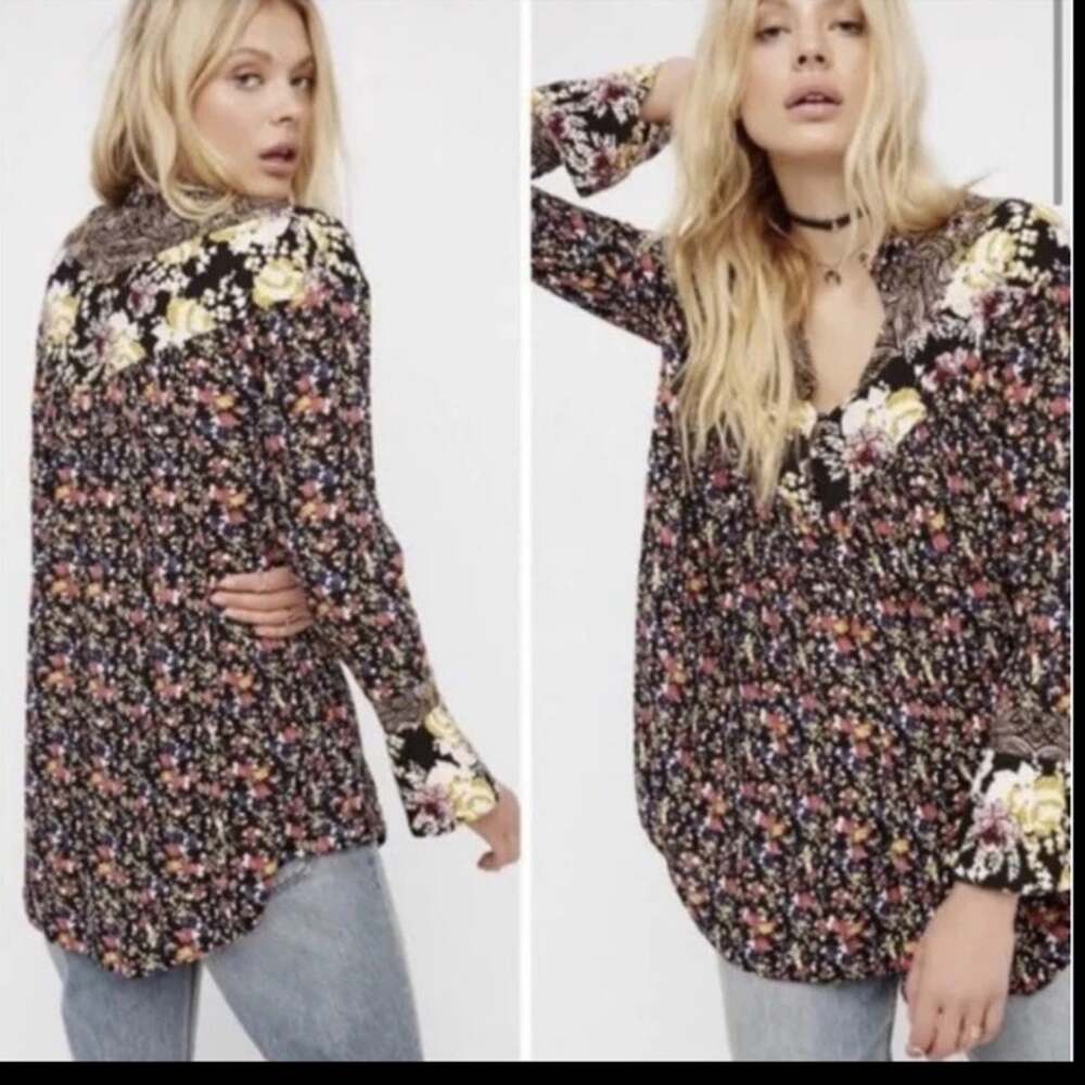 Free People Wildflower Fields Henley Tunic Size M Boho Mixed Print Floral Hippie